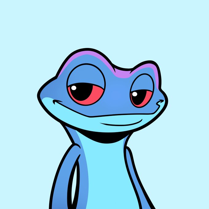 A cartoon illustration of a blue lizard or gecko-like creature with half-closed red eyes on a light blue background.