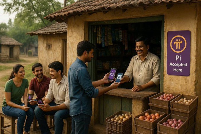 A digital illustration depicts people at a rural village shop with a 'Pi Accepted Here' sign, where a smiling shopkeeper accepts a Pi cryptocurrency payment from a customer while baskets of produce sit nearby.