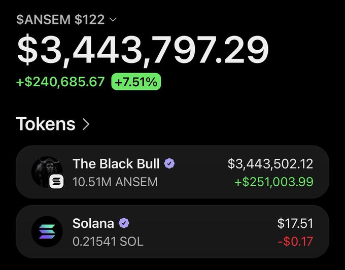 The image shows a crypto portfolio displaying $ANSEM token holdings worth $3,443,797.29 (up $240,685.67 / +7.51%), with "The Black Bull" holding 10.51M ANSEM tokens valued at $3,443,502.12 (+$251,003.99) alongside a small 0.21541 SOL position, visually supporting the post's claim of a $120 investment growing to $3.4 million.