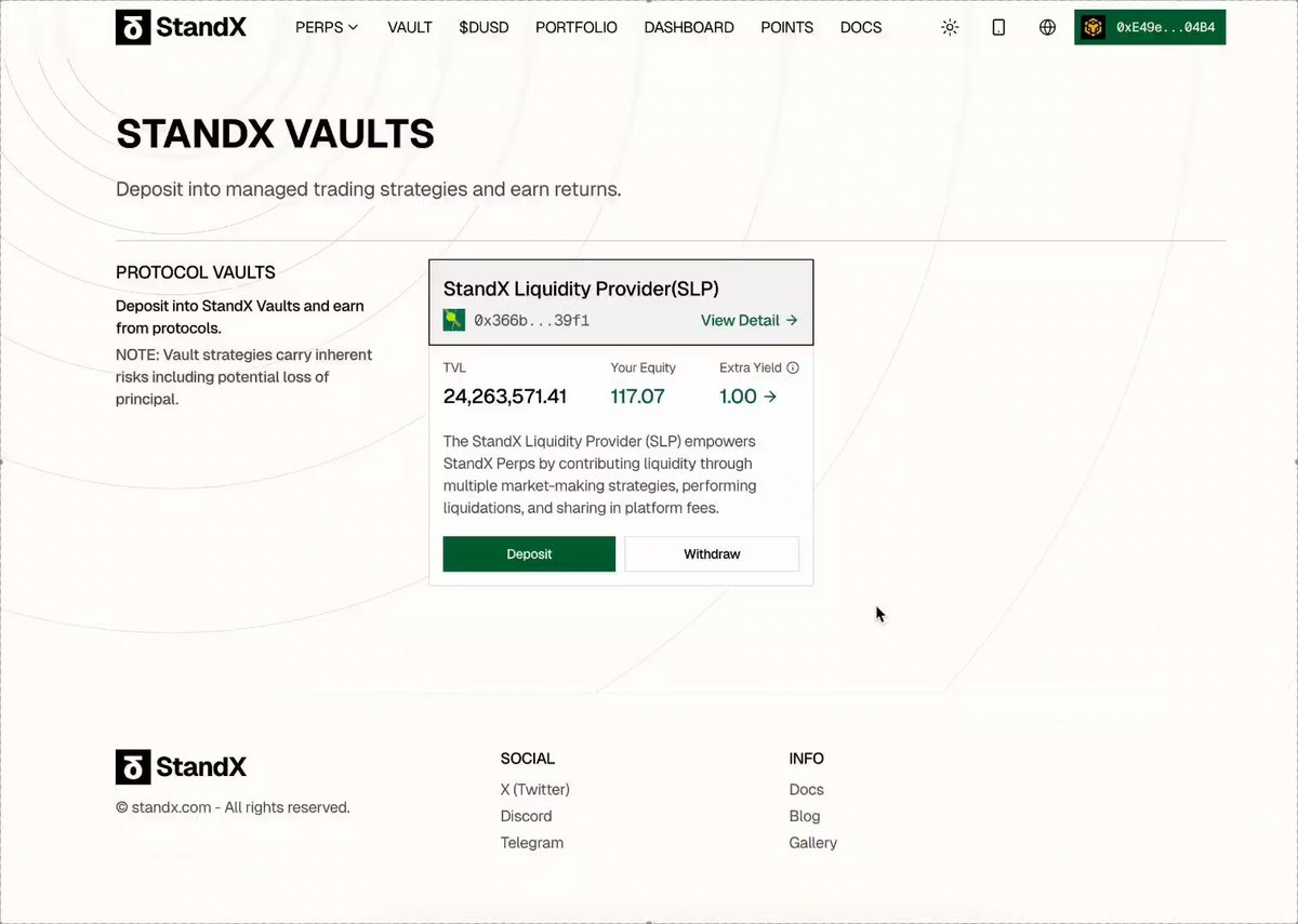 The image shows a screenshot of the StandX Vault website with some text on its display screen. The main focus appears to be on the SLP Vault details page, which has just been updated for live access. This new information about the vault might help users better understand how trading works and the role of participants in earning from platform activity. The post discussing this update highlights that StandX is developing a trading platform where users can access perpetual markets while participants earn from managing vault liquidity. It also mentions that there will be a new details page soon, which will provide more information about the StandX Vault system and how it benefits both the users and the vault participants.