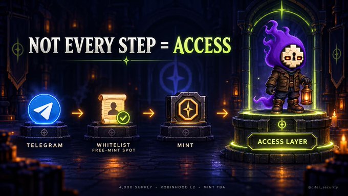 A promotional graphic with the text 'NOT EVERY STEP = ACCESS' illustrates a four-stage process: Telegram, Whitelist (Free-Mint Spot), Mint, and Access Layer, featuring a skull character in a brown jacket; bottom text reads '4,000 SUPPLY · ROBINHOOD L2 · MINT TBA' and '@afer_security'.