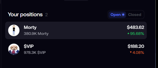 A portfolio dashboard displays two open positions: 380.9K Morty at $483.62 (+95.68%) and 978.3K $VIP at $188.20 (-4.08%), reflecting the user's "fomo trades" — Morty as a promising "chillguy" pick and $VIP copied from @Bayc364.