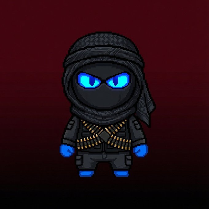 The user wants a concise caption describing the image.
I need to look for text, numbers, or names in the image itself.
- The image is a pixel art character.
- It's a ninja-like figure with glowing blue eyes.
- There is no visible text, numbers, or names *on* the image itself.
- The prompt asks to include "any key text, numbers, tickers or names visible." Since there are none, I will focus on describing the visual content.
- The accompanying post mentions "@0xU15", "3333 supply", "Etherum", "Minting tomorrow". This context confirms it's an NFT collection. The character shown is likely one of the 3333 items.

Plan:
1. Describe the visual: A pixel art ninja character.
2. Mention key features: Black outfit, head wrap, glowing blue eyes, bullet belt, blue hands/feet.
3. Note the lack