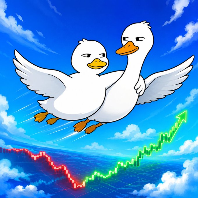 A cartoon illustration of two white ducks flying together in a blue sky above stock market charts showing a red downward trend transitioning to a green upward arrow.