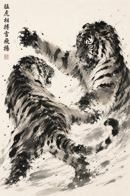 A traditional Chinese ink wash painting depicting two tigers wrestling in a snowy landscape, accompanied by Chinese calligraphy in the upper left corner and a red seal.