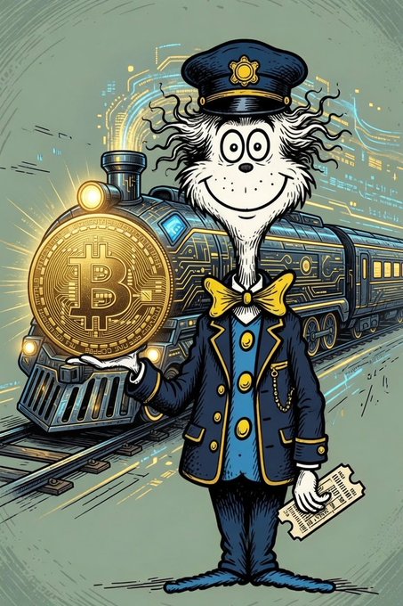 A whimsical illustration depicts a smiling character in a blue conductor's uniform and cap holding a large golden Bitcoin coin and a ticket, standing in front of a stylized steam locomotive and digital circuit patterns.