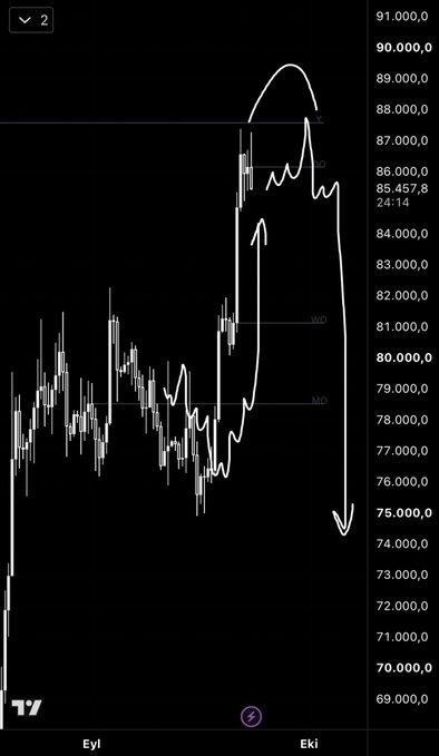 A candlestick chart of Bitcoin ($BTC) shows a sharp rejection near $87,000, with hand-drawn white arrows highlighting a steep rally to ~$89,500 followed by an aggressive selloff back down toward $74,000, visually emphasizing the volatile price action without needing further commentary. The price reads 85,457.8 at 24:14, with "Eyl" and "Eki" (Turkish for September and October) marking the timeframe.
