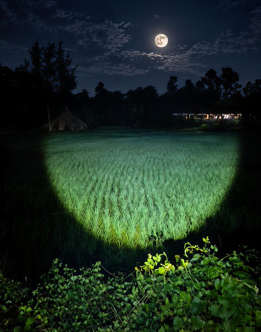 A nighttime landscape photograph captures a glowing green field illuminated by a spotlight under a dark sky with a bright moon, framed by silhouettes of trees and distant houses.