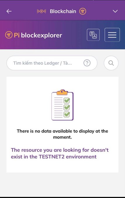 A screenshot of a Pi blockexplorer page in Vietnamese showing "There is no data available to display at the moment" in the TESTNET2 environment.