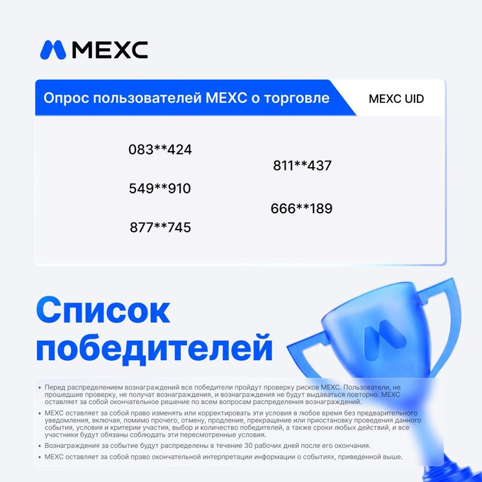 The image features a blue trophy with the text "MEXC User Survey Results!" written below it. The trophy has a handle at the top for easy handling. Below the trophy, there's a white background with black text that reads "ONROC ONRÁE" and "MEXC OPC". The text also includes numbers such as "083-214", "837-475", and "861-447". These numbers are likely representing survey responses or ratings given by users.