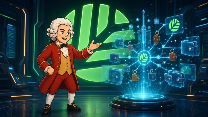 A cartoon-style illustration of a man in 18th-century attire presenting a futuristic, glowing green digital network featuring a logo and floating digital wallets or devices.