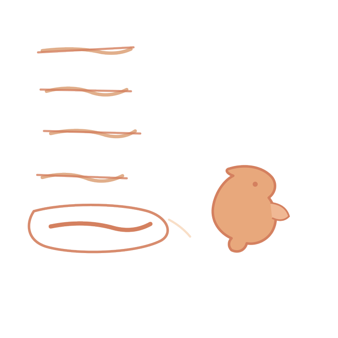 A simple, stylized digital sketch shows five small horizontal lines above a larger oval shape next to a round, peach-colored blob.