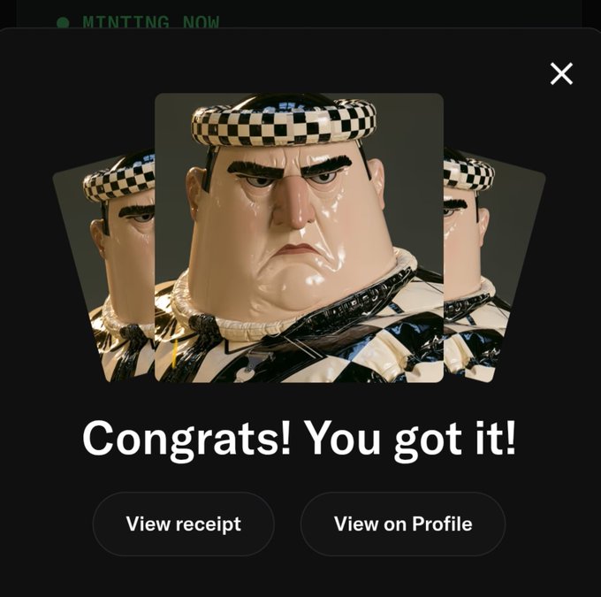 A 'Congrats! You got it!' NFT minting confirmation screen displaying a glossy figurine of a stern-looking character wearing a black and white checkered cap and patterned outfit, with options to 'View receipt' or 'View on Profile'.