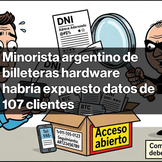 A cartoon illustration shows a box labeled "Acceso abierto" containing customer documents with personal data (DNI, phone numbers, BTC labels), while one character examines IDs with a magnifying glass and another appears suspicious, illustrating the reported data exposure of 107 Coincustody customers as mentioned in the headline "Minorista argentino de billeteras hardware habría expuesto datos de 107 clientes."