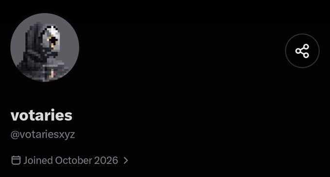 A screenshot of a X profile for **votaries** with the handle **@votariesxyz**, showing “Joined October 2026.” The accompanying post says they may be the only one to miss the project’s mint, which is launching as a **free mint with a 5,555 supply**.