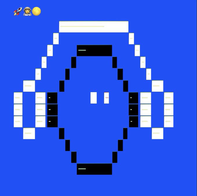 A pixel art game scene with a bright blue background features an astronaut, rocket, and moon icon in the upper left corner, alongside a large geometric structure made of white and black blocks forming a spaceship or space station design. The scene illustrates the post's mention of "Hi Song" reaching the moon, depicting a space-themed level.
