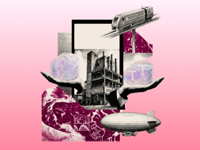 A surreal collage featuring a black-and-white photograph of hands holding iridescent coins—one branded with "USDT" and the other with a "T" symbol—alongside a building labeled "COIN EXCHANGE," a train, and a blimp, all set against a pink and marbled backdrop. The image visually parallels the article's theme of large-scale USDT to USDC swaps, using the held coins to symbolize the hidden costs of spread, slippage, and execution fees that payment operators face when facilitating such transactions.