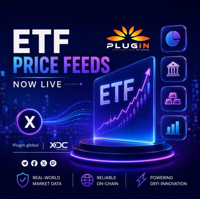 The image features a graphic advertisement for ETF price feeds, showcasing various symbols related to the crypto world such as a building with a dollar sign on top and a stock symbol below. The main focus of the image is an EFT token feed or graph which indicates that EFT prices are now available on-chain, providing real-time information about the cryptocurrency market. The post mentions "Real-world Market Data" and "Powered by XDC", further indicating that the feed is from a source connected to the XDC decentralized data network (xdc). This text suggests that the ETF price feeds are being provided by a plugin or service that connects to XDC, enabling users to access up-to-date cryptocurrency prices. The post also mentions "ETF Price Feeds" and "Price Feeds", indicating that this is an advertisement promoting the availability of ETF price feeds in real time.