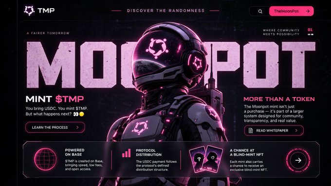 A website banner for TMP (TheMoonPot) featuring a robotic astronaut and offering minting of $TMP tokens, highlighting features like 'POWERED ON BASE' and 'PROTOCOL DISTRIBUTION'.