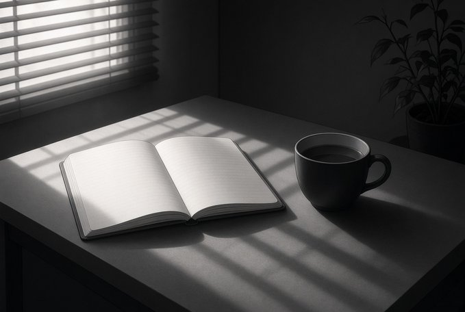 A black-and-white still life of an open book and coffee cup on a desk, illuminated by striped light filtering through window blinds.