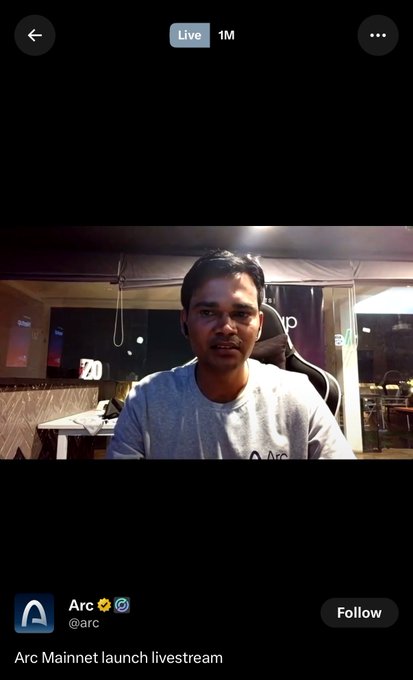 A screenshot of a Twitter/X livestream by @arc showing a man in a gray sweatshirt during the "Arc Mainnet launch livestream," with 1M viewers indicated at the top.