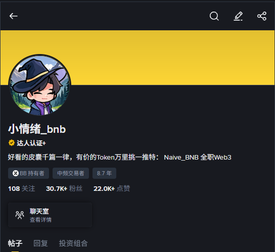A user profile page for '小情绪_bnb' on a social platform, showing a wizard avatar, bio mentioning 'Naive_BNB', with 30.7K followers, 22.0K likes, and tags including '中频交易者'.