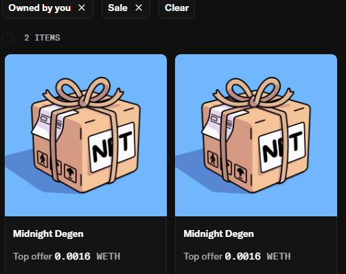 An NFT marketplace listing showing two identical 'Midnight Degen' package items owned by the user, each with a top offer of 0.0016 WETH.