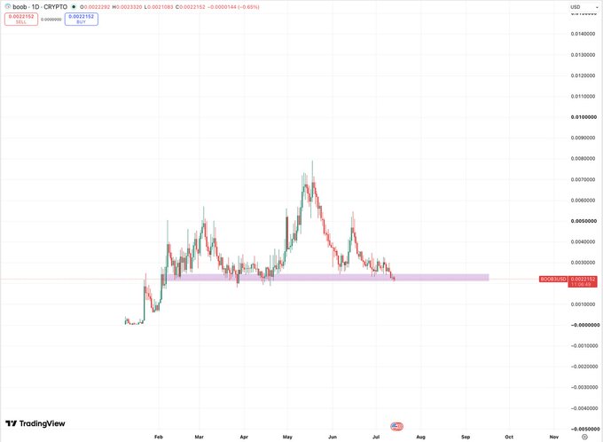A TradingView candlestick chart for the boob-1D-CRYPTO ticker showing price action ranging roughly between -0.0010 and 0.0140 USD, with a highlighted horizontal support zone around 0.0022.