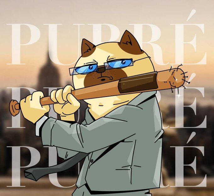 An anthropomorphic Siamese cat wearing blue sunglasses and a suit wields a baseball bat wrapped in barbed wire, with a city skyline silhouetted in the background. Large translucent text overlays the image reading "PURRRÉ PURÉ PURÉ," evoking a menacing mafia-style parody that complements the post's mention of a free mint giveaway.