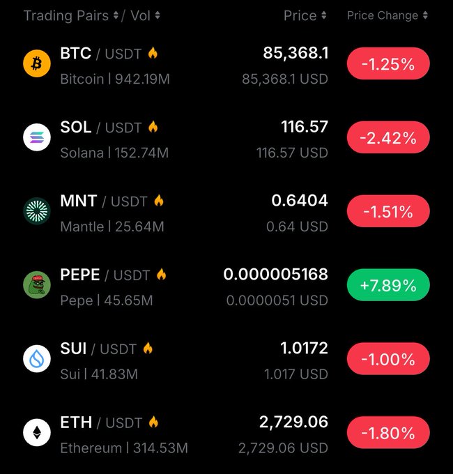 The image displays a cryptocurrency trading dashboard listing pairs like BTC/USDT at $85,368.1 (-1.25%), SOL/USDT at $116.57 (-2.42%), and PEPE/USDT at $0.000005168 (+7.89%), showing mostly red price changes. The post highlights $SUI at $1.0172 (-1.00%) as the focus amid an overall bearish market, while pointing eyes on meme coin $BLUB as a potential rebound play.