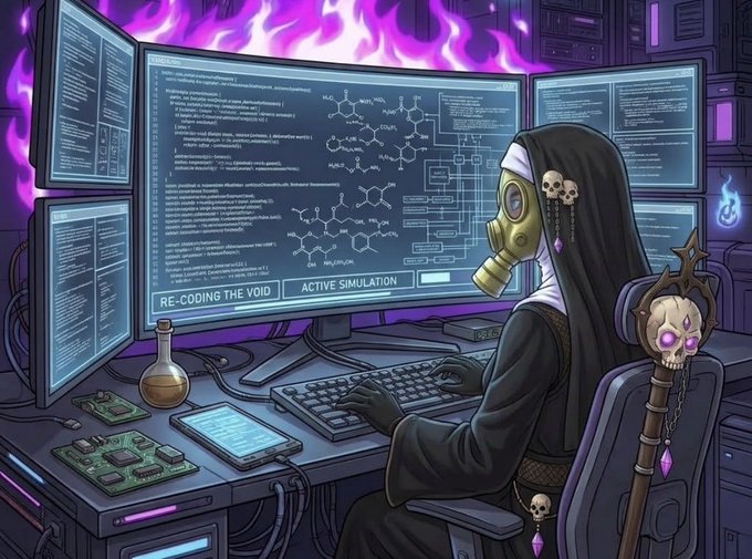 An anime-style illustration of a character in dark robes and a skull mask with a gas mask, typing at a multi-monitor computer setup displaying code and chemical structures, with the text 'RE-CODING THE VOID' and 'ACTIVE SIMULATION'.