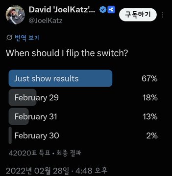 The image shows a Twitter poll by user @JoelKatz asking "When should I flip the switch?". The poll results indicate 67% voted for "Just show results", 18% for February 29, 13% for February 31, and 2% for February 30. The accompanying post "Flip-the-switch 2/28=11/28=8/4" is a riddle that plays on the poll dates and potentially implies a date shift or a coded message related to the poll's outcome.