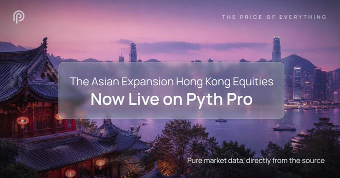The image shows a cityscape featuring a temple surrounded by trees and water. The text "The Asian Expansion Hong Kong equities Now Live On Pyth Pro" is displayed above the scene, indicating that the image is related to an article about Hong Kong equities on PythPro.