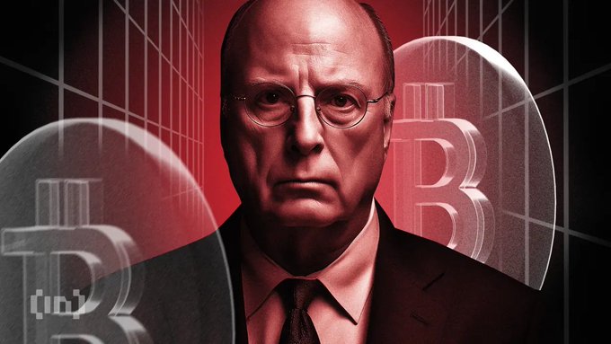 A digitally rendered portrait of a stern, balding man in glasses and a suit, flanked by two large Bitcoin logos against a dark red geometric background, with a small "BeInCrypto" watermark. The image visually reinforces the article's theme by depicting a shadowy financial figure alongside Bitcoin symbols, reflecting the news of significant ETF sell-offs in BTC and ETH.