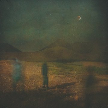A dark, impressionistic painting showing two figures standing in a field at night under a crescent moon, with mountains in the background.