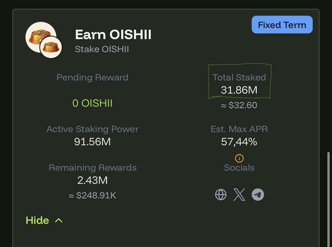 A dark digital dashboard interface for 'Earn OISHII' showing staking statistics, with a highlighted 'Total Staked' box displaying '31.86M' (≈$32.60) alongside other metrics like 'Active Staking Power' and 'Est. Max APR 57.44%'.