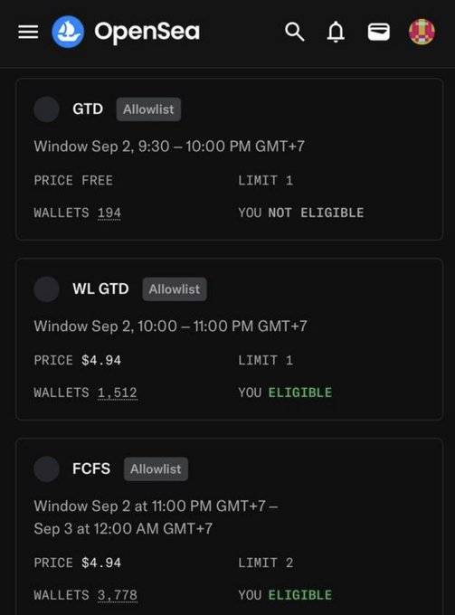 An OpenSea mobile app screenshot showing NFT mint phases: 'GTD' (FREE), 'WL GTD' ($4.94, ELIGIBLE), and 'FCFS' ($4.94, ELIGIBLE), with respective wallet counts of 194, 1,512, and 3,778.