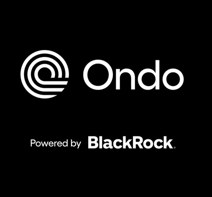 A black logo screen shows 'Ondo' with its spiral emblem and 'Powered by BlackRock' underneath.