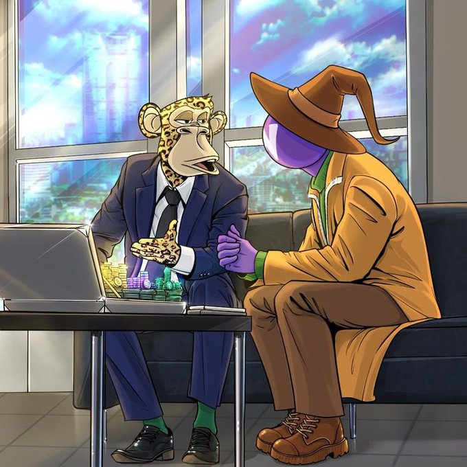 An anime-style illustration of two anthropomorphic figures—a businessman with a leopard head in a suit and a purple-headed character in a brown hat and trench coat—sitting together examining what appears to be cryptocurrency on a briefcase.