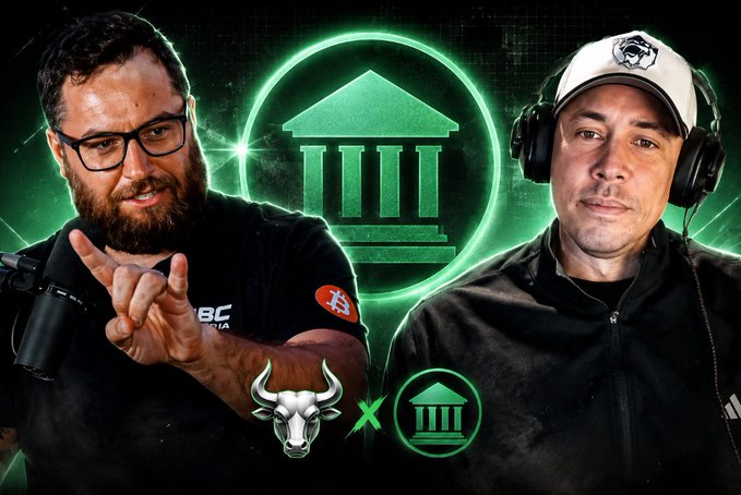 A promotional graphic features two men with headphones and microphones, separated by an "X", with logos for a bull and a green classical building, set against a glowing green and black background.
