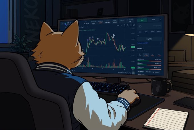 An anime-style illustration of a fox-headed character in a varsity jacket sitting at a desk and trading cryptocurrency on a TradingView chart.