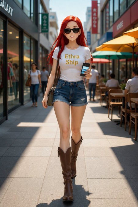A digital illustration of a red-haired woman in sunglasses, denim shorts, and brown boots walking down a sunny shopping street, wearing a white t-shirt that reads 'Ethra Ship'.