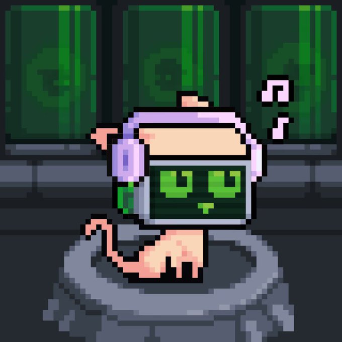 The pixel-art image shows a small pink cat wearing a VR-like headset with a digital green face on the screen, sitting on a platform in front of server-like green panels. This relates to the post about "Kuan Kuan," an NFT project connected to @Kuantomcat, where the cat character's cute, techy appearance reflects the AI-driven minting process mentioned in the text.