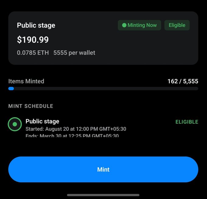 A mobile screenshot showing the public mint stage for Rekt Tradors NFT is live at $190.99 (0.0785 ETH), with a max of 5,555 per wallet, currently at 162/5,555 items minted and eligible to mint.
