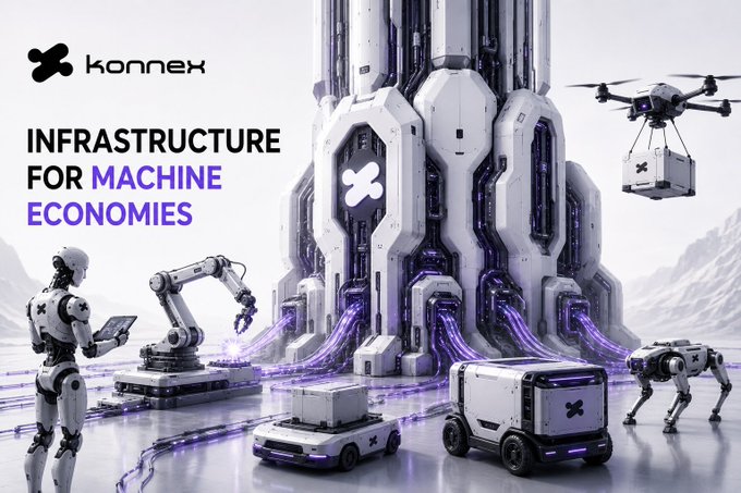The image features a robot with a tablet attached to its arm, standing next to a large white tower that has purple lines running through it. The robot appears to be engaged in some sort of task or operation related to the industrial equipment around it. In the background, there are other robots and machines, indicating an industrial setting. The image also includes text that reads "Infrastructure for Machine Economics" and "@konnex_world". This suggests that the image is promoting a new technology or system developed by Konnex, which could be used in various industries to improve efficiency and productivity through the use of robotic systems and automation.