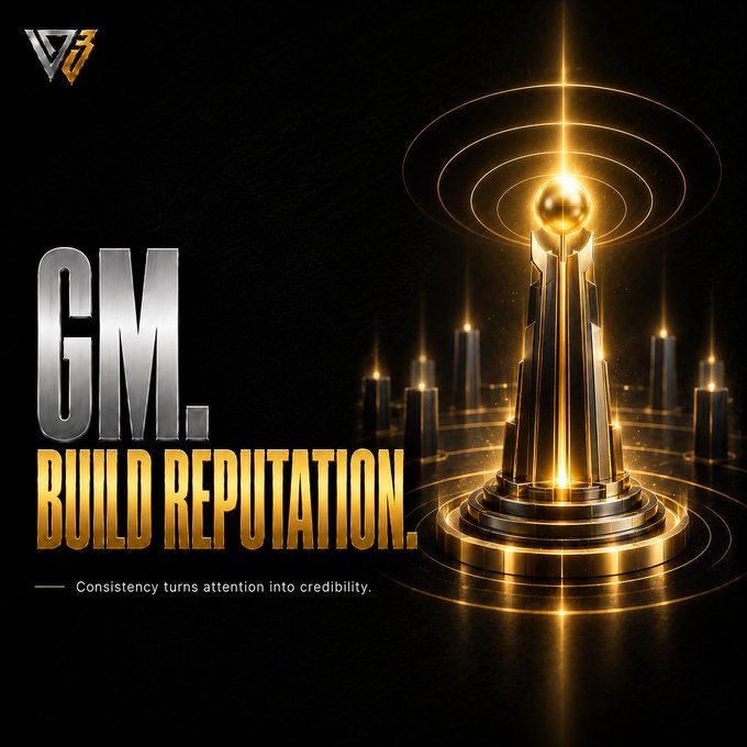 Motivational graphic with a golden trophy and the text 'GM. BUILD REPUTATION.' along with the tagline 'Consistency turns attention into credibility.'