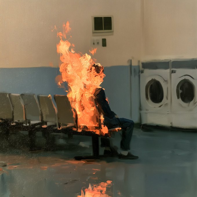 A person sits on a row of chairs in a drab, mundane waiting area beside industrial washing machines, their body engulfed in vibrant orange flames. The striking contrast between the fiery figure and the sterile, blue-toned institutional space visually echoes the post's theme, suggesting how explosive inner turmoil can erupt beneath the surface of seemingly unremarkable daily routines.
