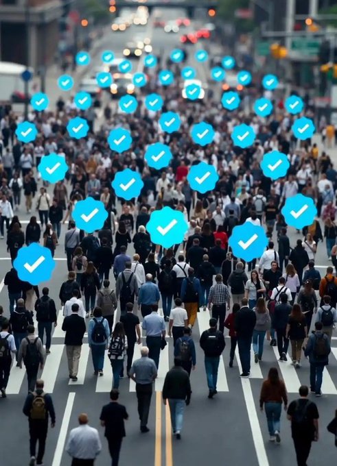 A bustling crowd of pedestrians crosses a city street, with blue checkmark icons floating above them symbolizing collective approval and shared progress. The image complements the morning post's message of community, motivation, and a fresh start to the day.