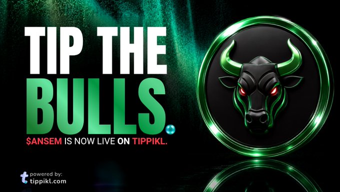 A bold promotional graphic featuring a striking green bull emblem with red eyes alongside the text "TIP THE BULLS" and the announcement "$ANSEM IS NOW LIVE ON TIPPIKL," visually reinforcing the post's call to tip quality content using the $ANSEM ticker.