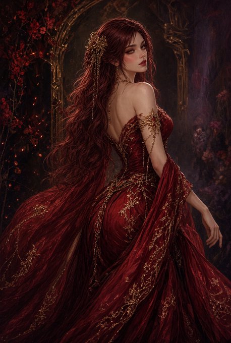A digital painting portrays a woman with long flowing red hair wearing an elaborate, off-the-shoulder crimson gown with intricate gold embroidery, posed against a dark, ornate background featuring red floral elements.